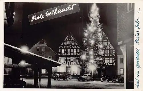 A102 Deutschland Weihnachtsbaum Quadrat Autos Seligenstadt RPPC Vintage Postkarte