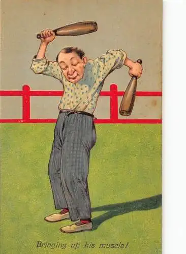 L028 Bringing up his muscle humor british embossed vintage postcard