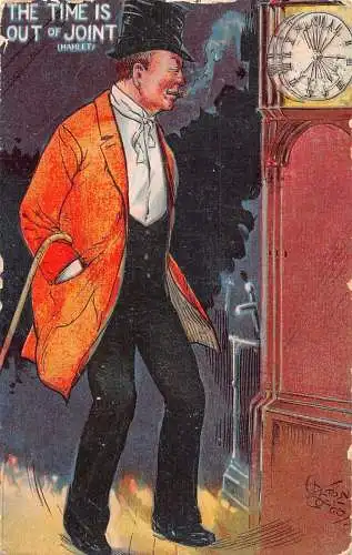 L028 Die Zeit ist aus den Fugen Hamlet 1913 Uhr Humor britische Vintage Postkarte
