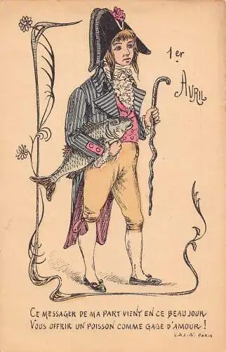 L078 Frankreich Narrentag 1. April Fisch Humor Fantasy Vintage Postkarte