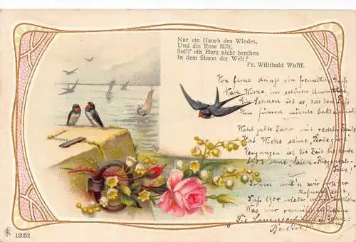 Frühlingsgrüße 1903 Maiglöckchen Rose Schwalbe Vögel Meer Gedicht Postkarte