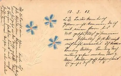 Collage 1903 Vergissmeinnicht Blumen aus geklebtem Papier Vintage Postkarte