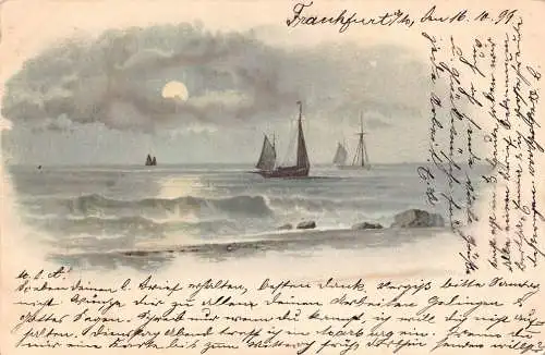 Meerblick 1899 Segelboote bei Mondschein bewölkter Himmel Wellen Vintage Postkarte