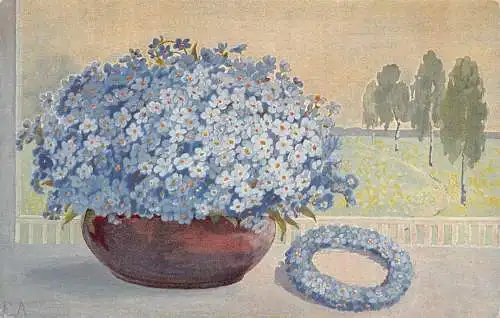 Vergissmeinnicht Blumen im Topf und Krone Kunst Vintage Postkarte