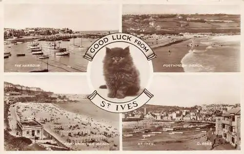A918 England Viel Glück aus St Ives Black Cat Hafen Strand RPPC Postkarte