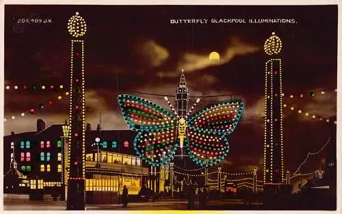 A920 England 1931 Butterfly Blackpool Illuminations Moonlight RPPC Postkarte