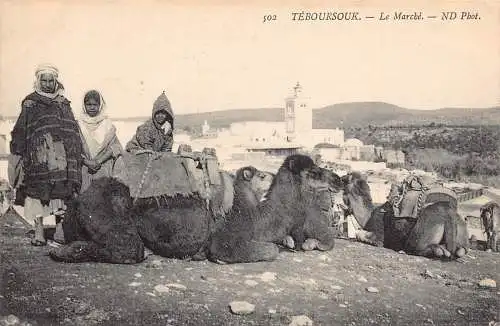 A931 Tunesien Teboursouk Marken Kamele Ureinwohner Männer Ethno Vintage Postkarte