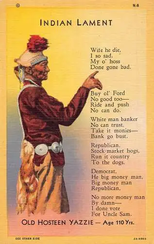 A934 US Indian Lament Old Hosteen Yazzie Native American Chief Poem Postkarte