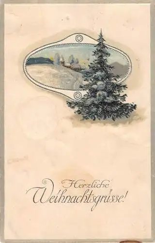 Weihnachtsgrüße Passepartout Schneelandschaft Tannenbaum Vintage Postkarte
