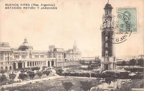 L355 Argentinien 1922 Buenos Aires Estaction Retiro Gardens Tower Vintage Postkarte
