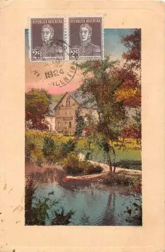 L354 Argentinien 1924 Gemälde Fluss Boot Herbst Bäume Haus Vintage Postkarte