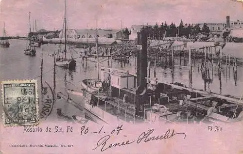 L355 Argentinien 1907 Rosario de Santa Fe El Rio Hafen Boote Mondschein Postkarte
