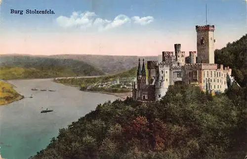 L158 Deutschland Burg Stolzenfel. Fluss, Boot, Schloss Vintage Postkarte