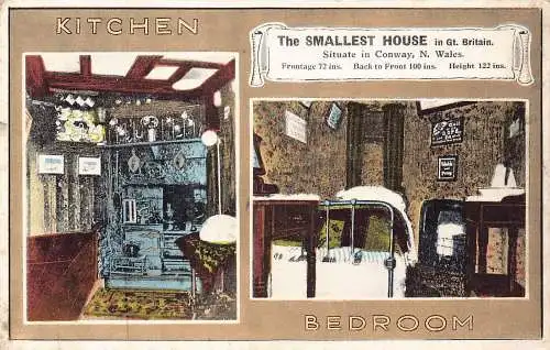 A944 Wales Conway kleinstes Haus in Großbritannien Schlafzimmer Küche Postkarte