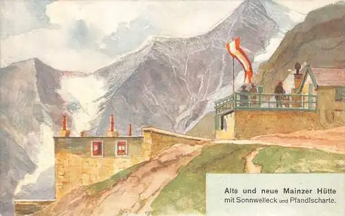 A098 Österreich Mainzer Hütte Sonnwelleck Pfandlscharte Flagge Vintage Postkarte