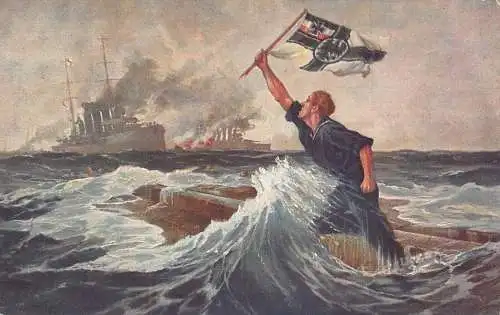 A096 Gemälde Mann schwenkt Reichskriegsflagge Flagge ertrunken Dampfschiff Meer Postkarte