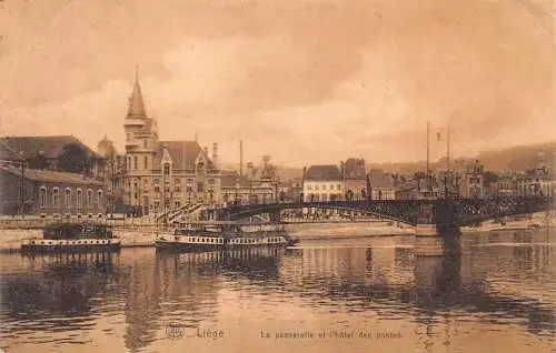 A098 Belgien 1911 Lüttich Pasarelle l'hotel des postes Brücke Boote Postkarte