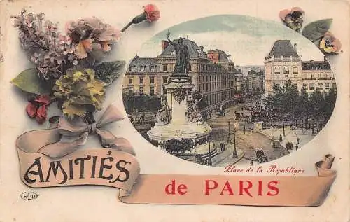 A097 Frankreich 1909 Amities de Paris Blumen Place de Republique Vintage Postkarte