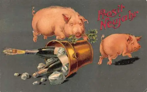 L371 Neujahrsgrüße Schweine Champagner Kleeblatt Glück Vintage Postkarte