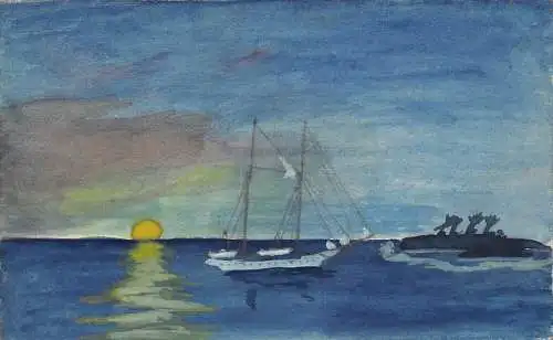 L369 Gemälde englisches Schiff segelt bei Sonnenuntergang Vintage Postkarte