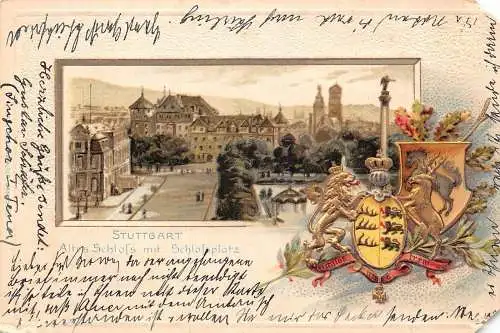 L368 Deutschland Stuttgart Altes Schloss und Platz Wappen Prägepostkarte