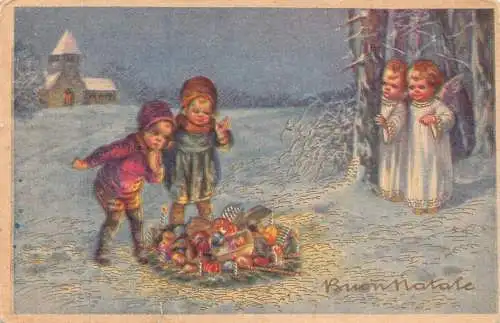 Weihnachtsgrüße 1919 Kinder fanden Süßigkeiten im Schnee Engel Wald Postkarte
