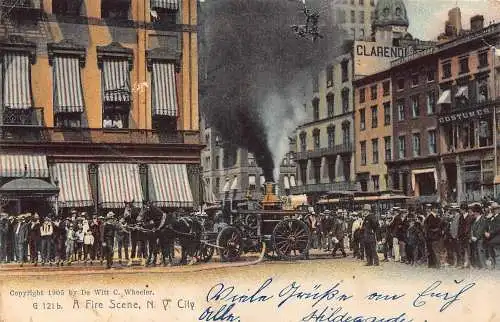 USA 1908 New York City Feuerszene Feuerwehrmänner Kutsche Pferde Vintage Postkarte