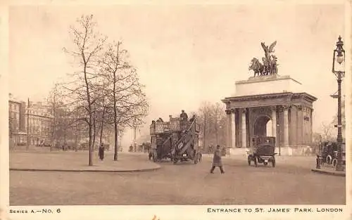 A950 England London Eingang zum St James Park Doppeldeckerbus Vintage Postkarte