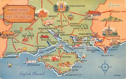 A952 England Touristische Karte von Hampshire und Isle of Wight Vintage Postkarte