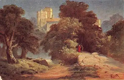 Paar, das nachts auf Klippen in der Nähe von Castle Art von F Bayerlin spazieren geht Vintage Postkarte