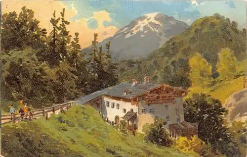 Bergsteiger reisen in den Bergen Waldhütte Kunst Vintage Postkarte