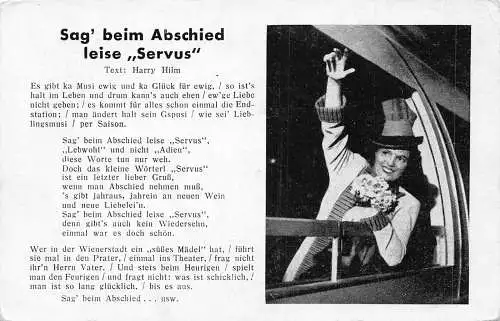 Sag' beim Abschied leise Servus Liedkarte Frau winkt Blumen Vintage Postkarte