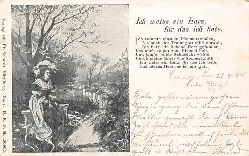 Ich kenne ein Herz, das ich bete für Gedicht 1900 Frau entspannt auf Bank Baum Postkarte