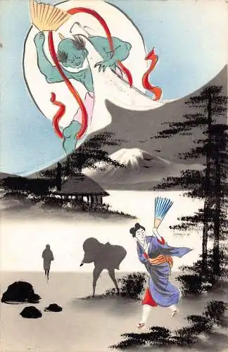 L267 Japanische Mythologie Kunst Windgott Frühling handgezeichnete Postkarte