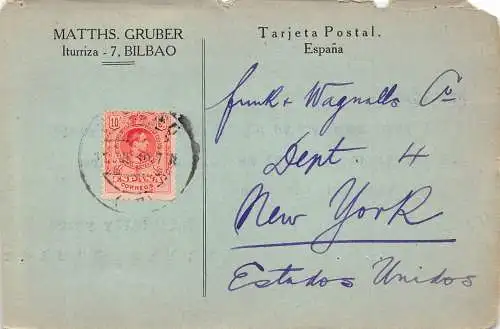 A959 Spanien, Matths Gruber Bilbao 1910 nach US New York Ganzsache