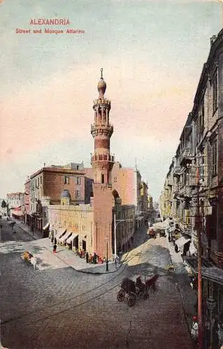A939 Ägypten Alexandria Straße und Moschee Attarine Vintage Postkarte