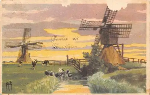 Niederlande 1947 Groeten uit Luidlaren Kühe Rinder Windmühlen Kunst Postkarte