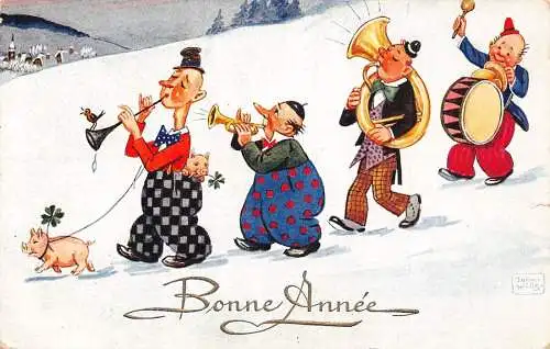 L370 Neujahrsgrüße 1933 Clowns Orchester Schwein Kleeblatt Glück Vintage Postkarte