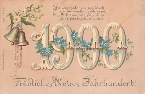 L370 Neujahrsgrüße 1899 1900 große Zahlen Blumen Glocken Vintage Postkarte