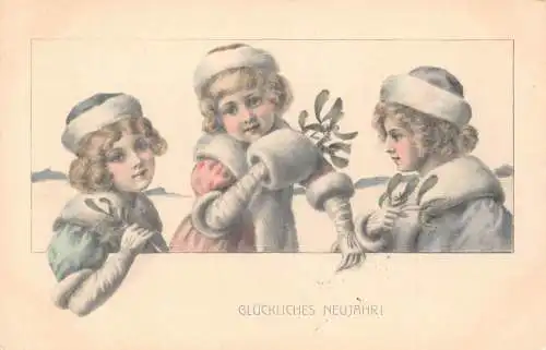 L370 Neujahrsgrüße 1907 Kinder Mädchen Fell Mistel Vintage Postkarte