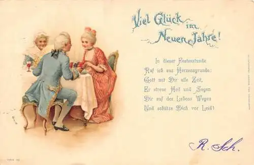 L370 Neujahrsgrüße 1898 Gedicht Fest Abendessen Vintage Postkarte