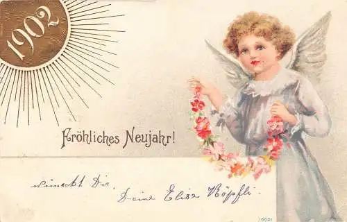 L370 Neujahrsgrüße 1902 Sonnenengel Blumen geprägt Vintage Postkarte