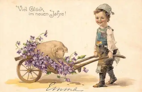L370 Neujahrsgrüße 1904 Junge Wagen Schwein Blumen Glück Vintage Postkarte