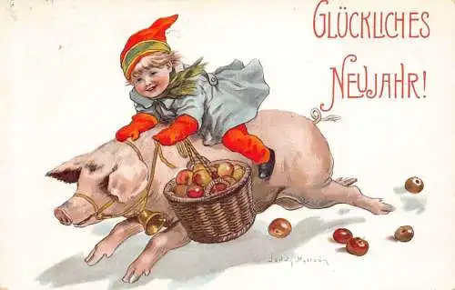 L370 Neujahrsgrüße 1909 Mädchen reitend Schwein Obst Korb Glück Nystrom Postkarte