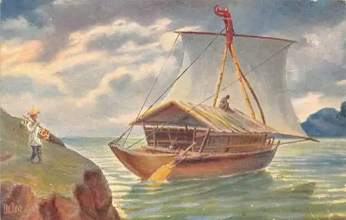 L369 Schiffe Segelboot mit Schilfverdeck Indien signiert Ch Rave Vintage Postkarte