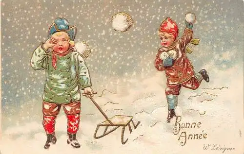 L370 Neujahrsgrüße 1933 Kinder Schneebälle Kampfschlitten Vintage Postkarte