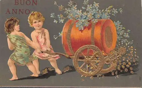 L370 Neujahrsgrüße 1910 Kinder ziehen Wagen Geld beschnitten Postkarte