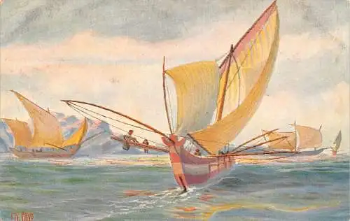 L369 Schiffe Segelboote mit Ausleger Cochinchina signiert Ch Rave Postkarte