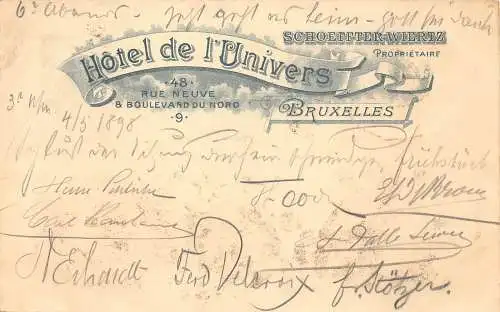 L037 Belgien 1898 Bruxelles Hotel de l'Univers Werbung Vintage Postkarte