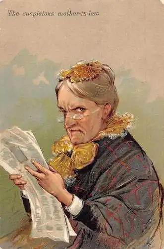 L043 Die verdächtige Schwiegermutter 1905 Humor geprägte alte Postkarte